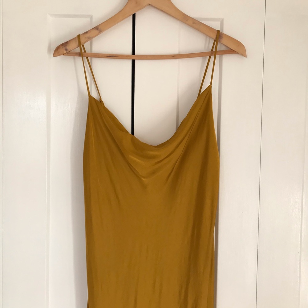 Zara Silky Gold Slip Dress Crowl Neck Midi Large
